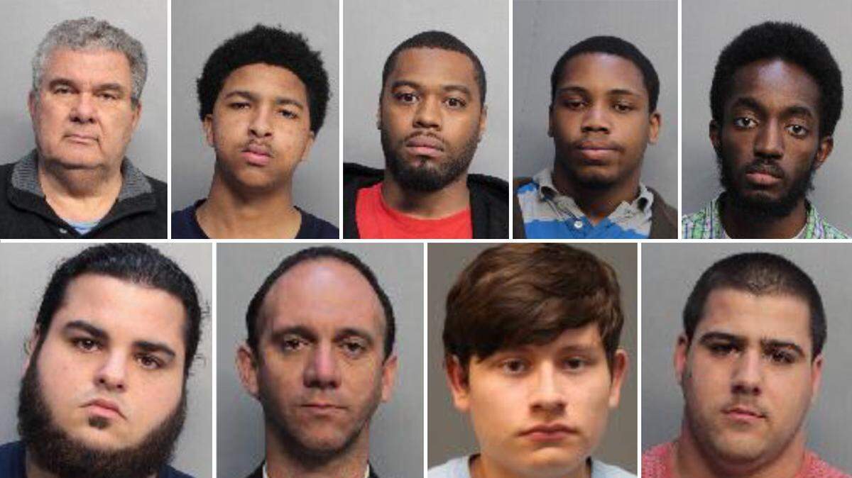 Arrested by Miami-Dade police on child pornography charges were (top, from left) James Abravaya, Dionte Black, Antonio Byrd, James Chatelian, Taylor Dansby and (bottom, from left) Jorge Gomez-Hernandez, Yenray Pereira, Carlos Amusifuen, and Matthew Grenet.