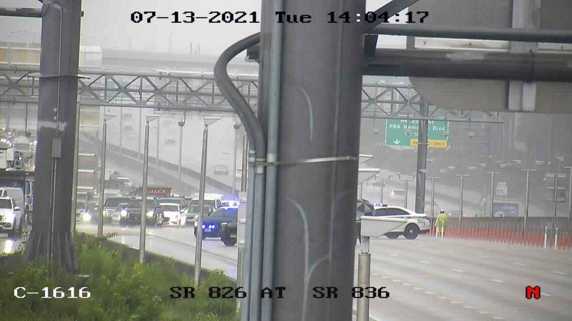 Florida Highway Patrol and Miami-Dade police block Palmetto Expressway northbound traffic Tuesday afternoon as supporters for protesters in Cuba stopped traffic further south on State Road 826.