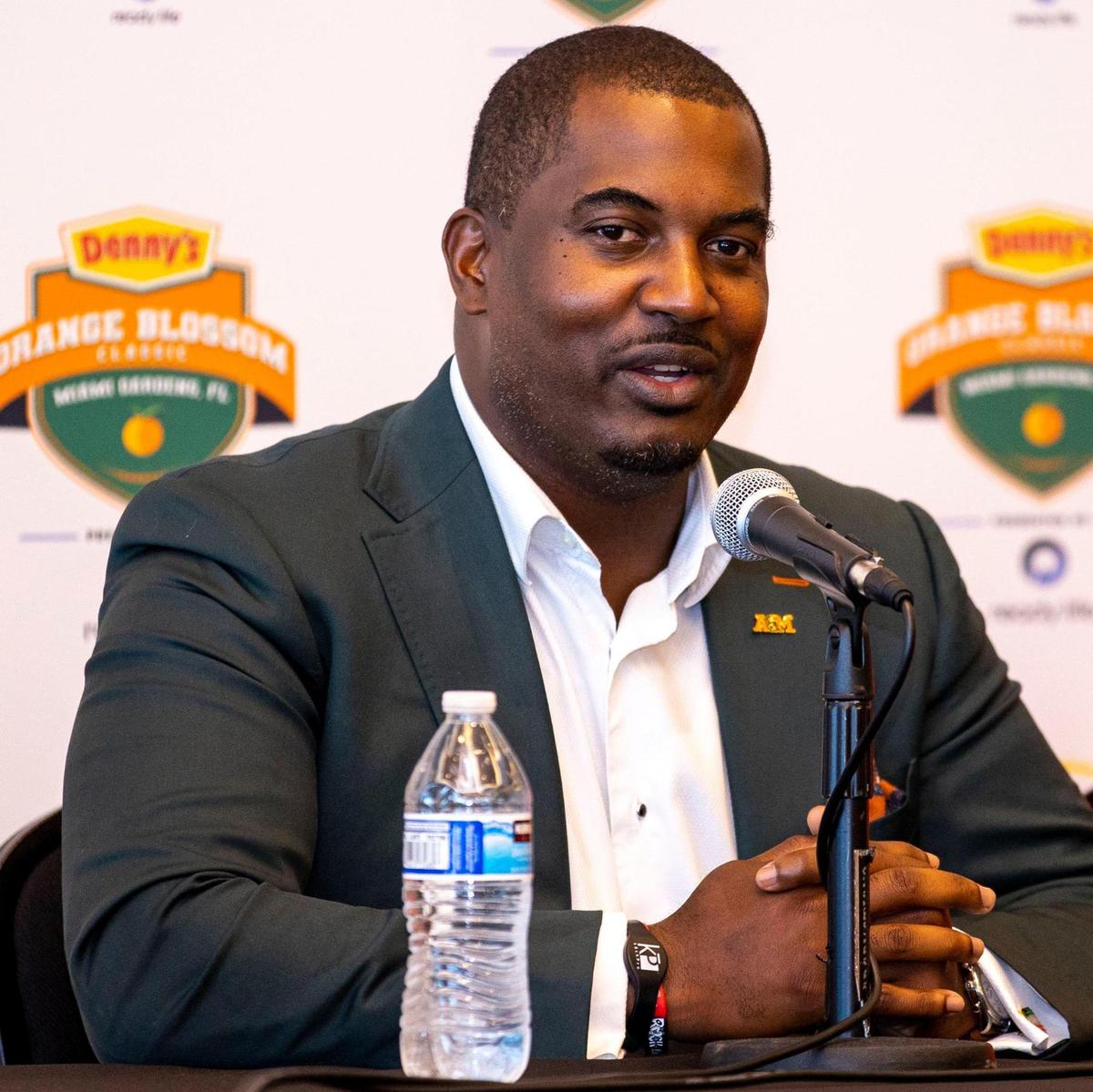 Florida A&M University head coach Willie Simmons speaks to the media during a pregame press conference for the Orange Blossom Classic held on the Club Level at Hard Rock Stadium in Miami Gardens, Florida, on Friday, September 2, 2022.