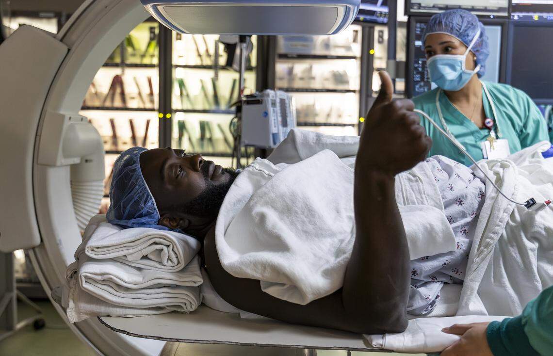 Chevon Byfield, 39, who suffers from heart failure and relies on a left ventricular assist device (LVAD), reacts as he prepares for a surgical procedure at Memorial Regional Hospital on Tuesday, Feb. 3, 2026, in Hollywood, Fla.