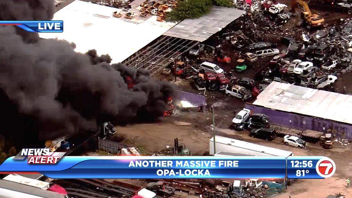 As Miami-Dade crews fight a five-alarm warehouse fire near Miami Gardens, they are also working a junkyard blaze in Opa-locka.