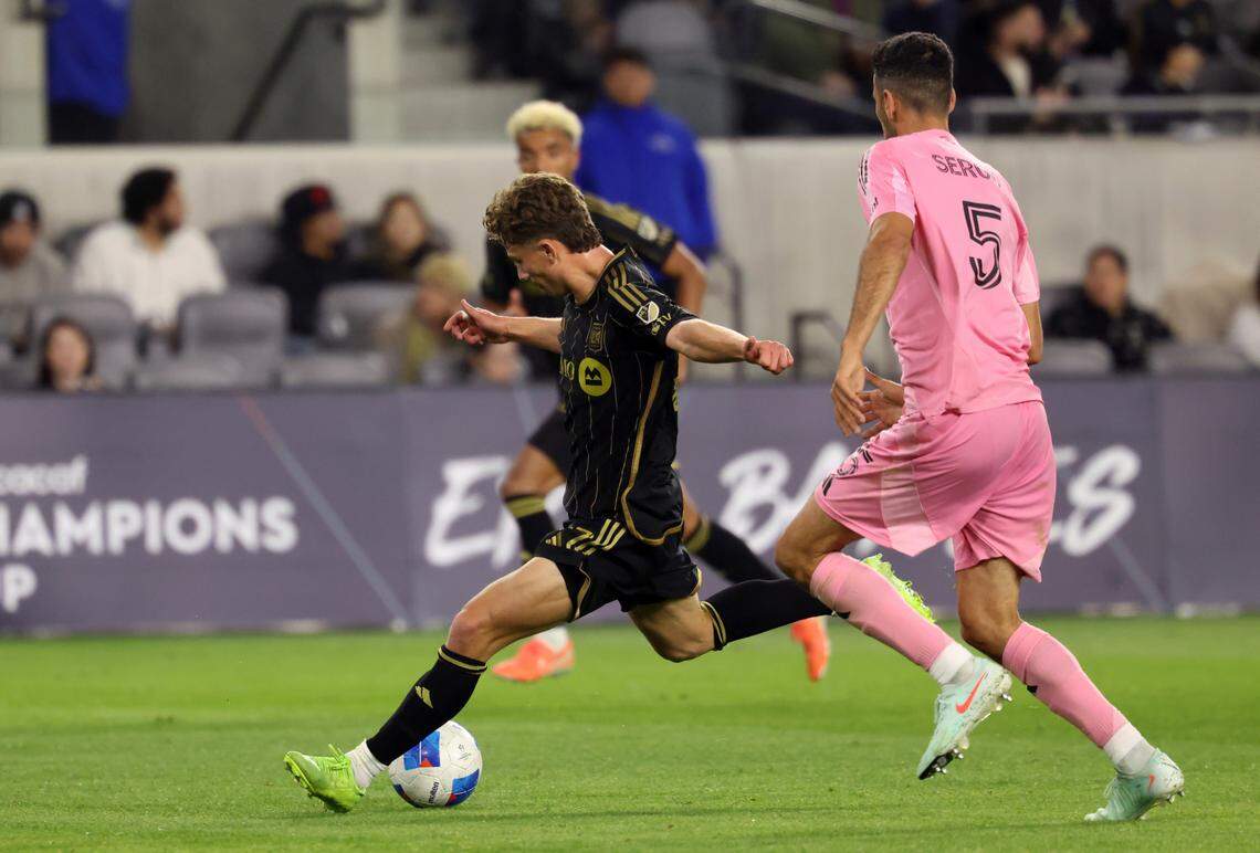 Apr 2, 2025; Los Angeles, California, USA; LAFC forward Nathan Ordaz (27) scores a goal during the second half of a Concacaf Champions Cup Quarterfinal match against Inter Miami CF at BMO Stadium. Mandatory Credit: Kiyoshi Mio-Imagn Images