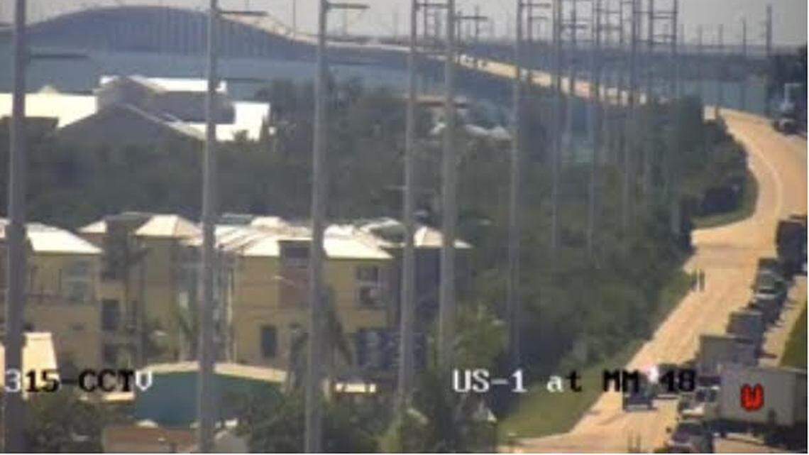 Florida Department of Transportation traffic camera footage shows traffic stopped along U.S. 1 in the Middle Keys city of Marathon following a head-on crash on the Seven Mile Bridge Monday, Sept. 27, 2021.  