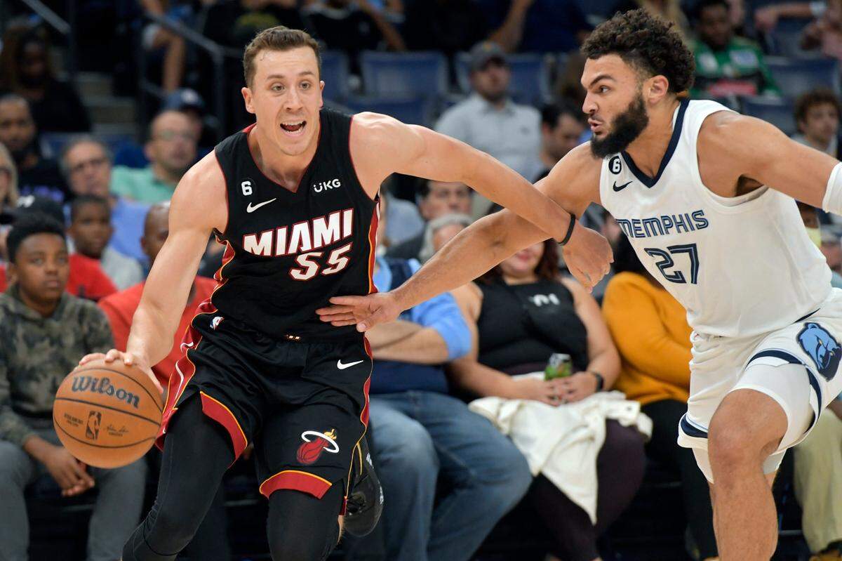 Miami Heat guard Duncan Robinson (55) handles the ball against Memphis Grizzlies forward David Roddy (27) in the first half of a preseason NBA basketball game Friday, Oct. 7, 2022, in Memphis, Tenn.