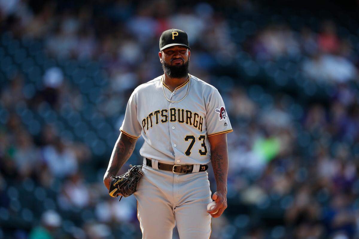 Pittsburgh Pirates relief pitcher Felipe Vazquez (73) in the ninth inning of a baseball game Sunday, Sept. 1, 2019, in Denver. Pittsburgh won 6-2.
