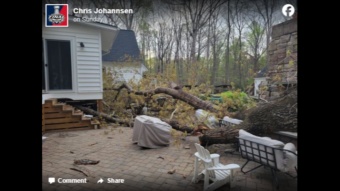 Aftermath photos show the full weight of the tree landed across chairs where the men had been sitting, busted siding on the back of the home, and crushed one side of the fire pit.