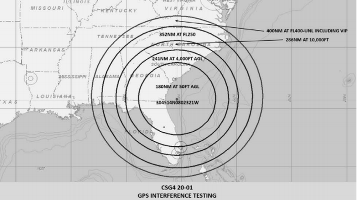The Federal Aviation Administration issued a flight advisory starting Thursday for most of the Southeast and Caribbean, saying GPS interference testing by the military could knock out pilots’ signals.