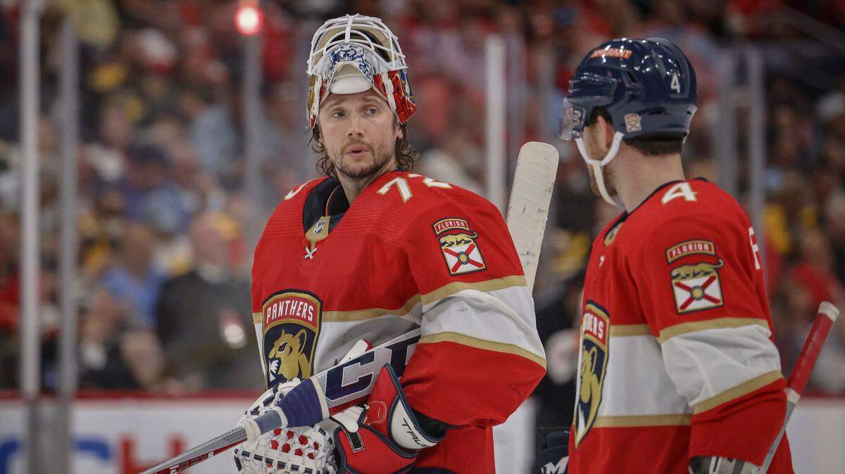 Florida Panthers goaltender Sergei Bobrovsky (72) talks to defenseman Casey Fitzgerald (4) during the second period of Game 4 of a first round NHL Stanley Cup series against the Boston Bruins at FLA Live Arena on Sunday, April 23, 2023, in Sunrise, Fla. The Bruins were up 2-1 at the end of the first period.