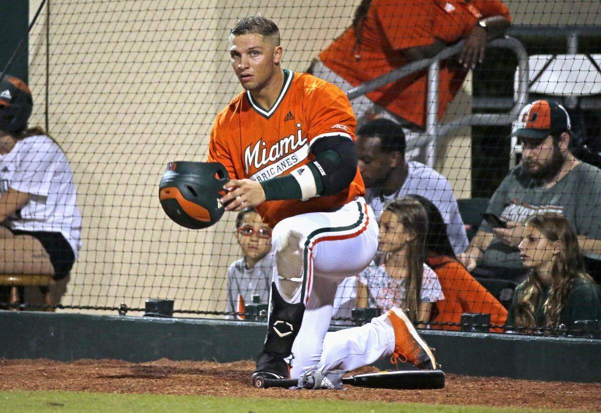 Miami Hurricanes right fielder Gabe Rivera (43) looks on during the fourth inning against the Kent State Golden Flashes at Alex Rodriguez Park at Mark Light Field on Wednesday, February 19, 2020 in Coral Gables.