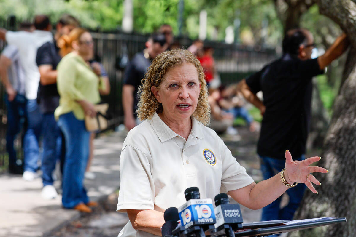 Congresswoman Debbie Wasserman Schultz speaks to reporters after touring the U.S. Immigration and Customs Enforcement field office in Miramar, Florida, on Thursday, July 2, 2026.