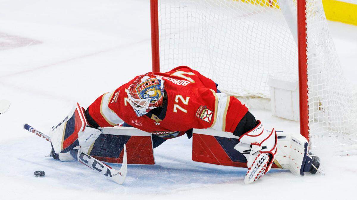 Florida Panthers goaltender Sergei Bobrovsky (72) blocks a shot during the third period of Game 5 of a second-round Stanley Cup Playoff series on Tuesday, May 14, 2024, at Amerant Bank Arena in Sunrise, Fla. The Bruins won 2-1.