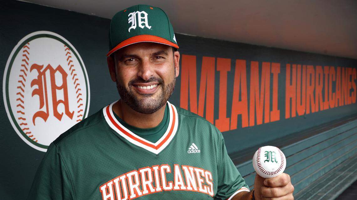 The Miami Hurricanes head baseball coach J.D. Arteaga poses for a portrait at Alex Rodriguez Park at Mark Light Field on Tuesday, July 18, 2023.
