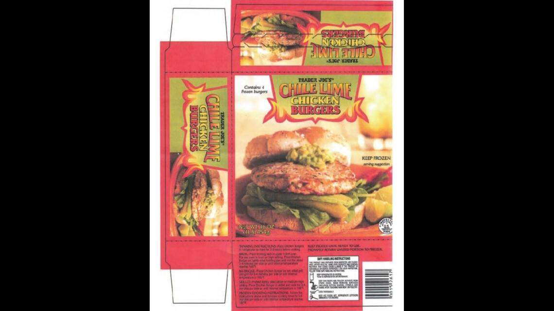 One pound cardboard packages containing four pieces of Trader Joe’s Chile Lime Chicken Burgers have been recalled on Nov. 10, 2021.