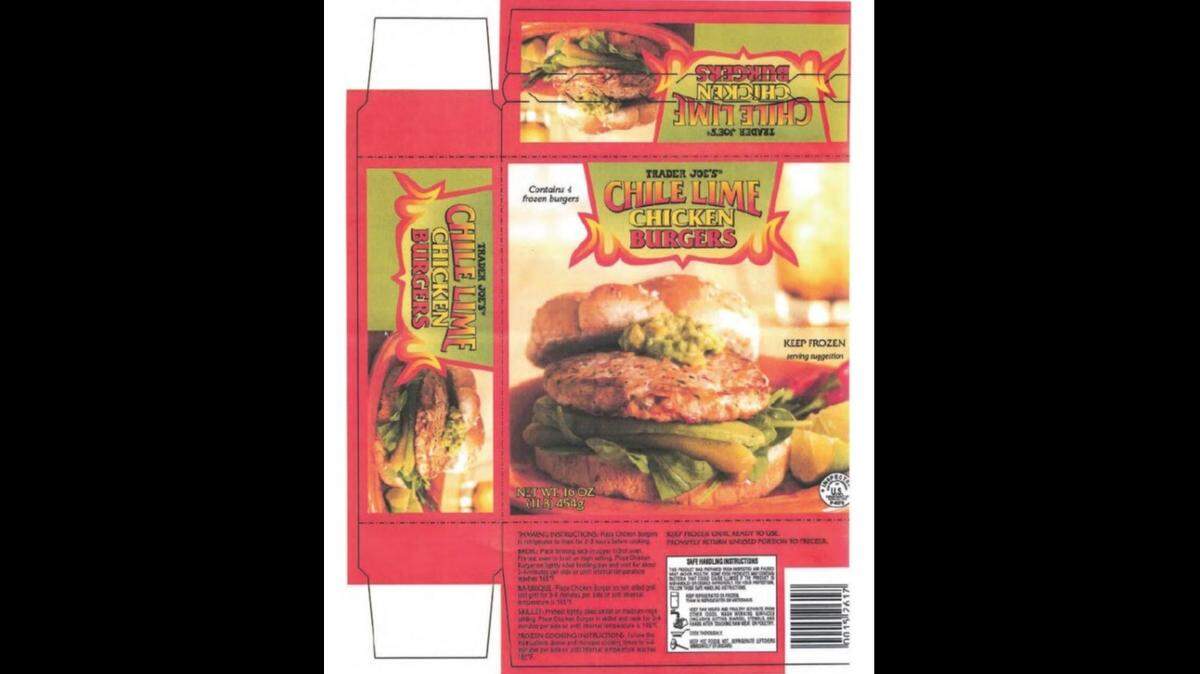 One pound cardboard packages containing four pieces of Trader Joe’s Chile Lime Chicken Burgers have been recalled on Nov. 10, 2021.