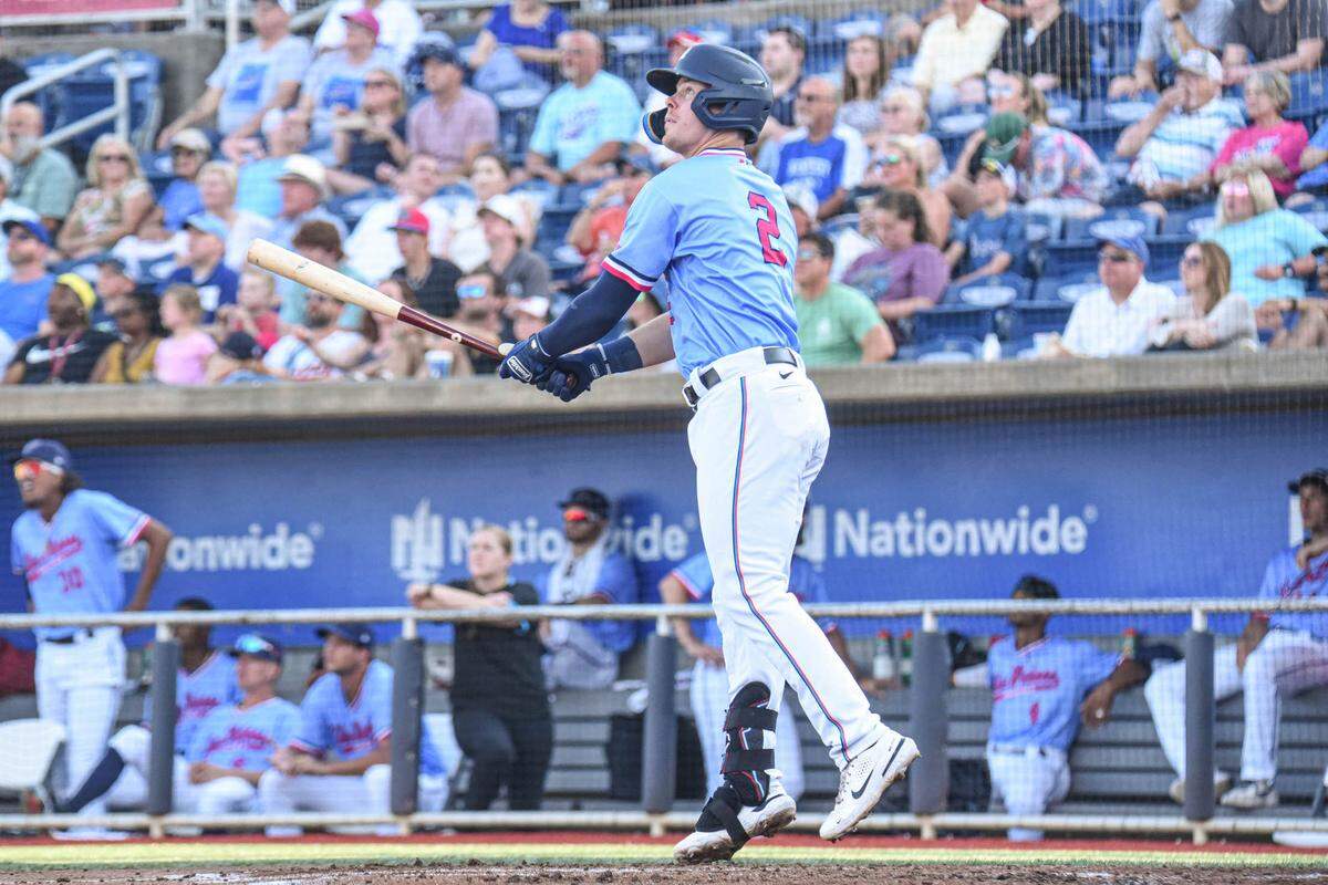 Miami Marlins first baseman prospect Troy Johnston hits a home run on Saturday, June 4, 2022, for the Double A Pensacola Blue Wahoos.