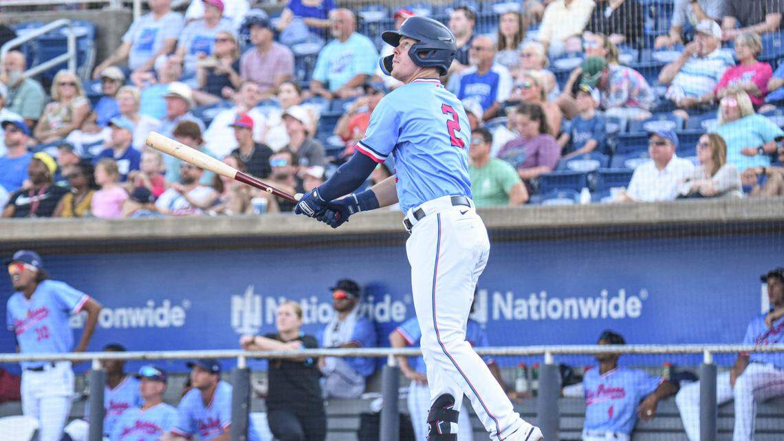 Miami Marlins first baseman prospect Troy Johnston hits a home run on Saturday, June 4, 2022, for the Double A Pensacola Blue Wahoos.