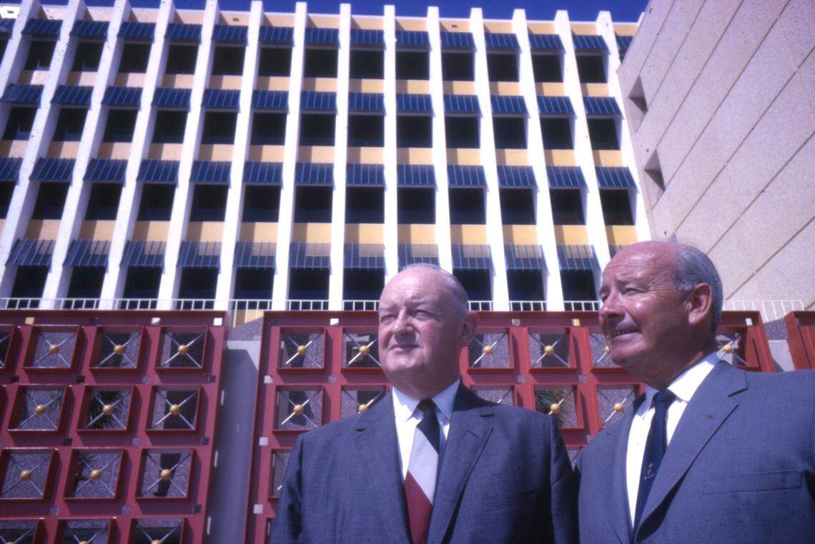 John S. Knight and James L. Knight outside in front of the new Miami Herald building in 1963.