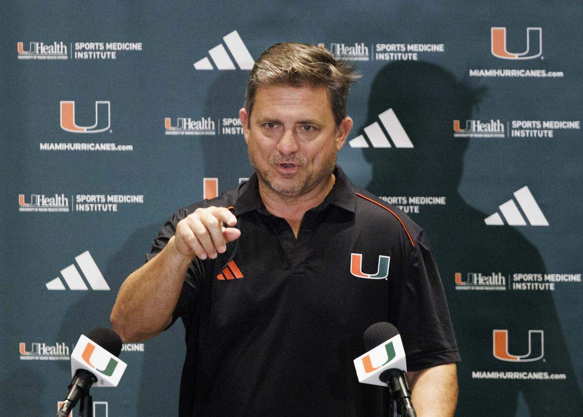 Shannon Dawson, Miami Hurricanes Offensive Coordinator, speaks during a media availability press conference on Monday, Aug. 25, 2025, at Schwartz Center for Athletic Excellence at the University of Miami in Coral Gables, Fla. 