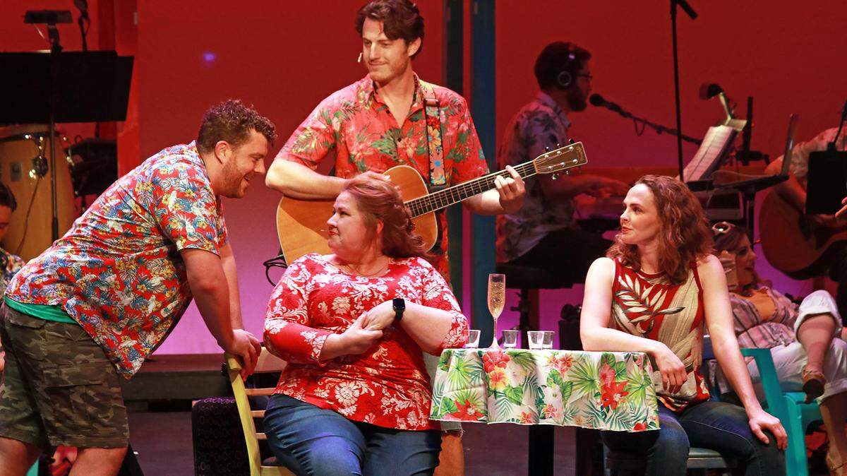 Jordan Bell, Cindy Pearce, Sam Sherwood and Kayleen Seidl in “Jimmy Buffett’s Escape to Margaritaville” at Actors’ Playhouse at the Miracle Theatre. (Photo courtesy of Alberto Romeu)