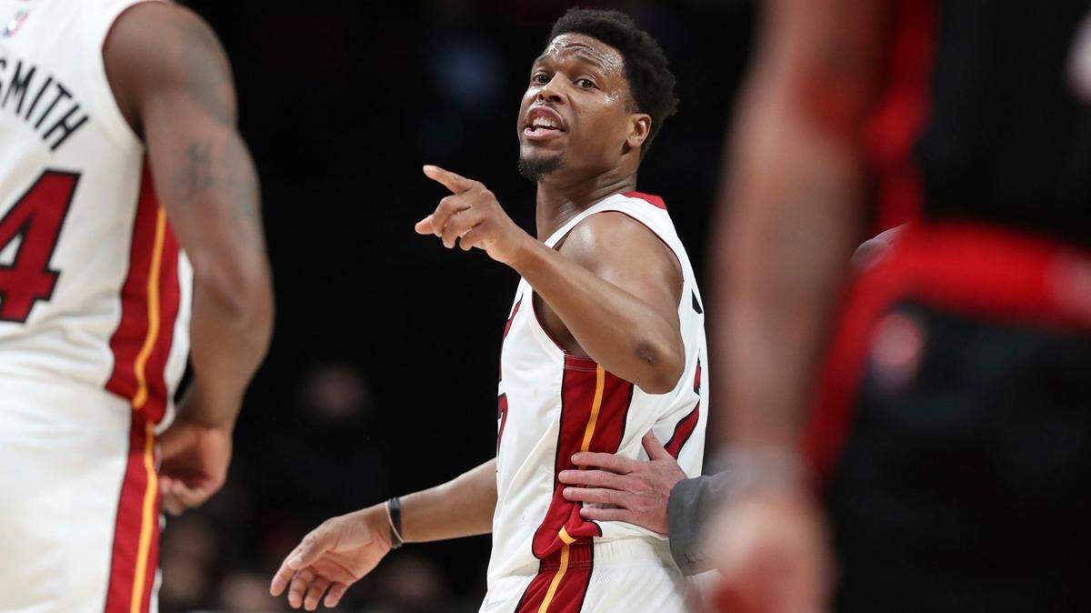 Miami Heat guard Kyle Lowry reacts after being ejected during the first half of an NBA basketball game against the Portland Trail Blazers in Portland, Ore., Wednesday, Jan. 5, 2022. (AP Photo/Amanda Loman)