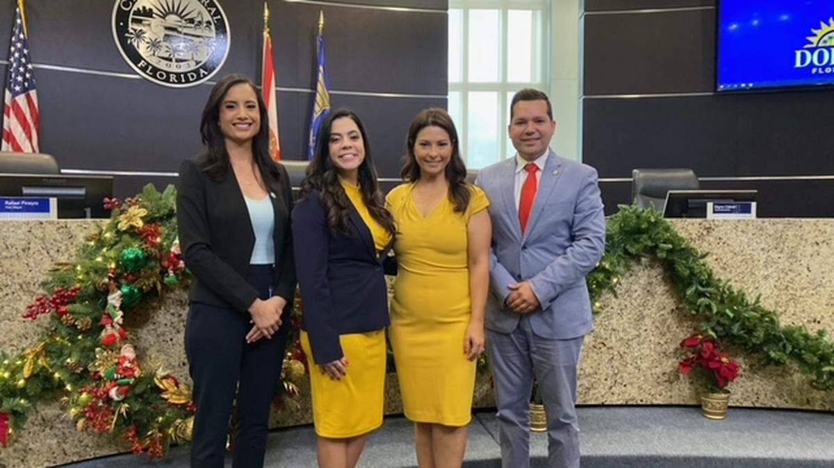 Doral city council members and Doral mayor Christi Fraga pictured with new city manager Barbara Hernandez. From left to right: Councilwoman Maureen Porras, City Manager Barbie Hernandez, Doral Mayor Christ Fraga, and Councilman Rafael Pineyro.
