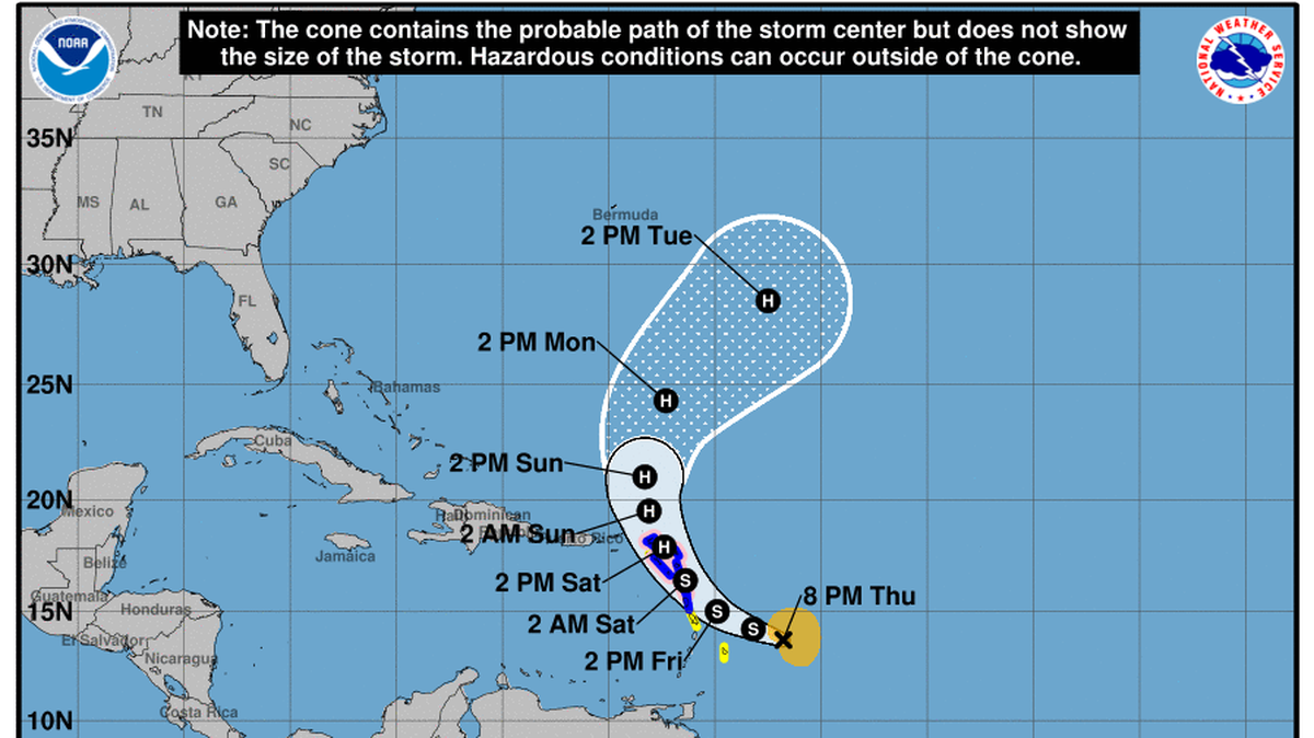 Tropical Storm Tammy’s projected path as of 11 a.m., Oct. 20. Note the H is where the storm is expected to be Hurricane Tammy.