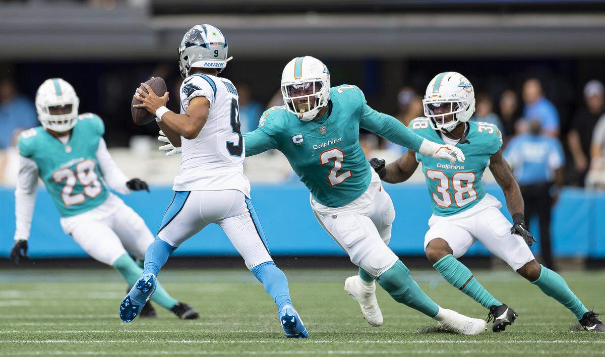 Miami Dolphins outside linebacker Bradley Chubb (2) pressures Carolina Panthers quarterback Bryce Young (9) in the first half of their NFL game at the Bank of America Stadium on Sunday, Oct. 5, 2025, in Charlotte, N.C.
