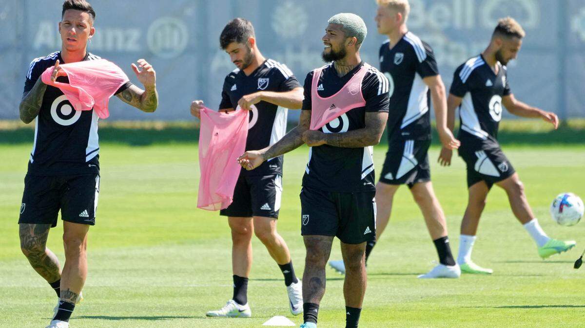 Aug 9, 2022; Blaine, MN, USA; MLS defender DeAndre Yedlin (2) of Inter Miami CF and other MLS players walks on the field during a training session for the 2022 MLS All-Star Game at National Sports Center. Mandatory Credit: John David Mercer-USA TODAY Sports