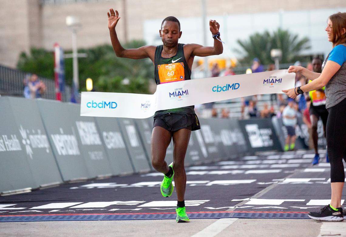 Life Time Miami Half Marathon winner Dominic Korir, 26, of Kenya, crosses the finish line at 1:03:52 during the 18th annual Life Time Miami Marathon and Half Marathon in Miami, Florida on Sunday, February 9, 2020.