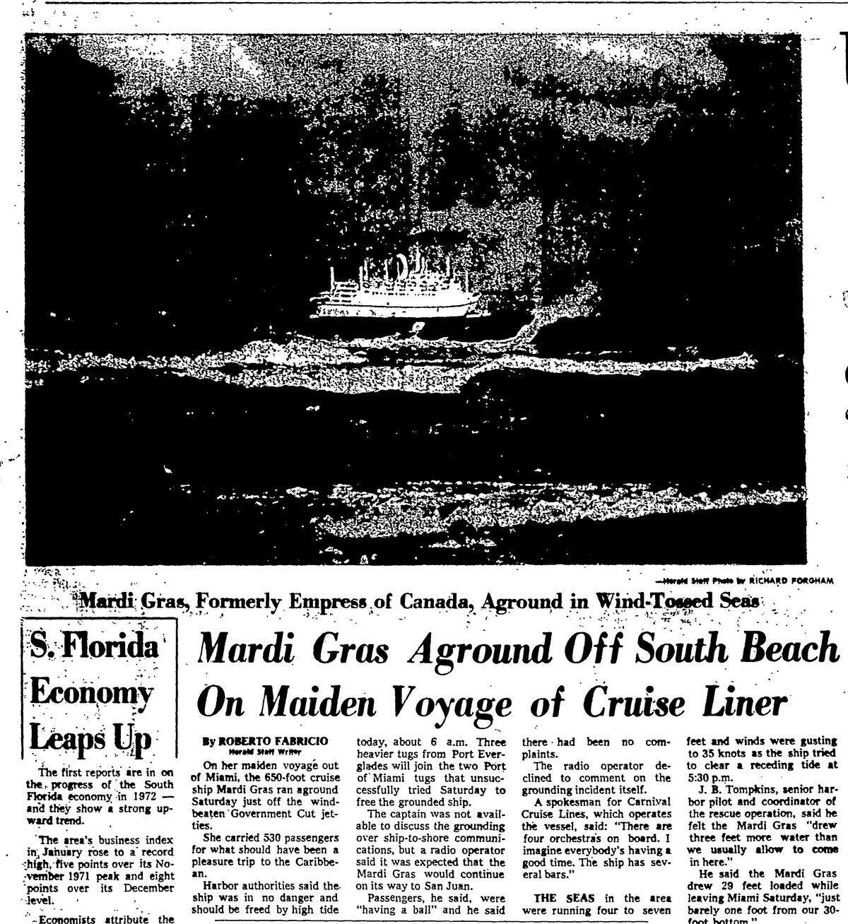 Front page of The Miami Herald on March 12, 1972 featuring story about Carnival’s Mardi Gras ship.