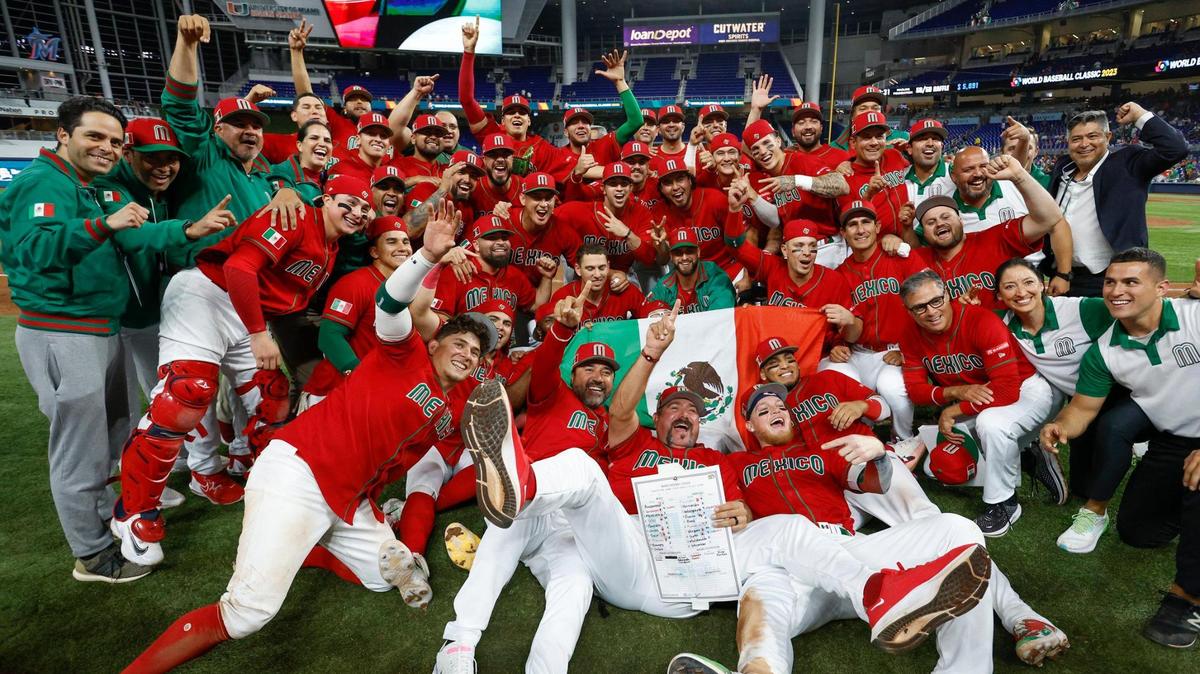 Mexico team celebrate after defeating Puerto Rico during the World Baseball Classic quarterfinal at Marlins Park in Miami on Friday, March 17, 2023.
