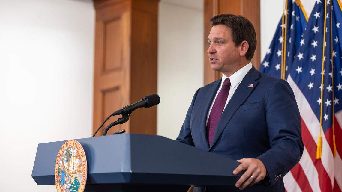 Florida Governor Ron DeSantis speaks with reporters after delivering his State of the State address during the first day of the legislative session at the Florida State Capitol on Tuesday, March 4, 2025, in Tallahassee, Fla.