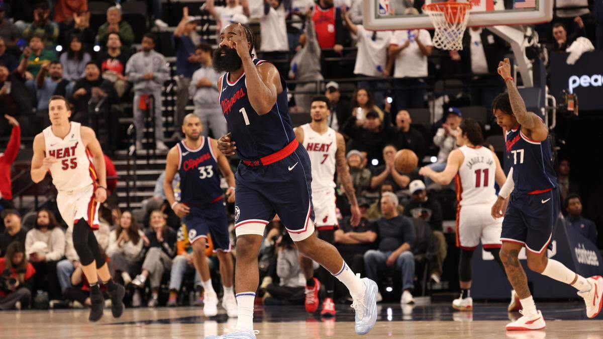 LA Clippers guard James Harden (1) reacts to a basket during the third quarter against the Miami Heat at Intuit Dome.