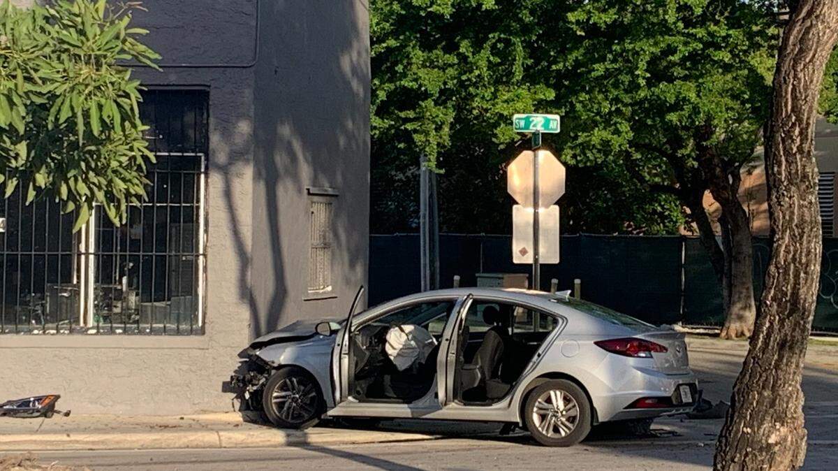 Miami police say overnight carjackers drove this Hyundai into the building at the corner of Southwest 22nd Avenue and Third Street in Little Havana, Sunday, July 27, 2025.