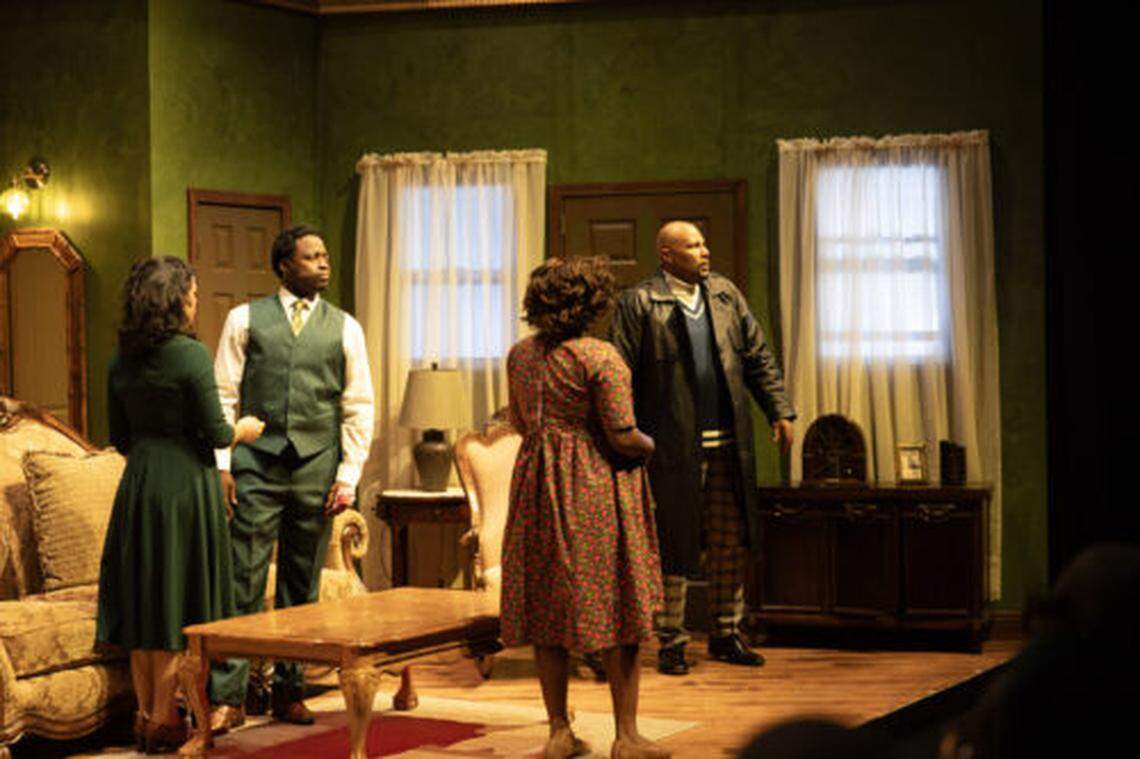 Andrea Garcia, Jean Hyppolite, Sheena O. Murray and Layon Gray in a scene from M Ensemble’s “Searching for Willie Lynch.”