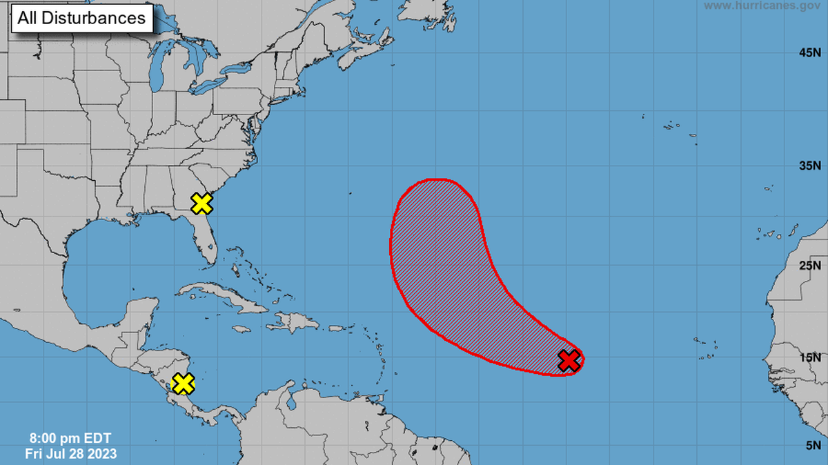 The tropics map on July 28, 2023, from the National Hurricane Center, tracks three disturbances, including a new system near Florida that has no development chances but is bringing rain to the state.