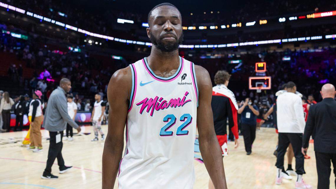 Miami Heat forward Andrew Wiggins (22) walks back to the locker room after losing to the Chicago Bulls in the second half of their game at Kaseya Center on March 8, 2025, in Miami.