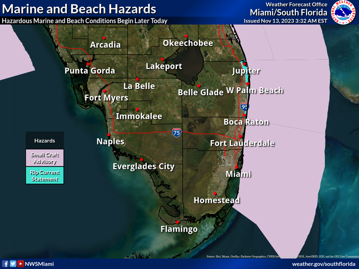 A Small Craft Advisory was issued for South Florida waters on Monday, Nov. 13, 2023.