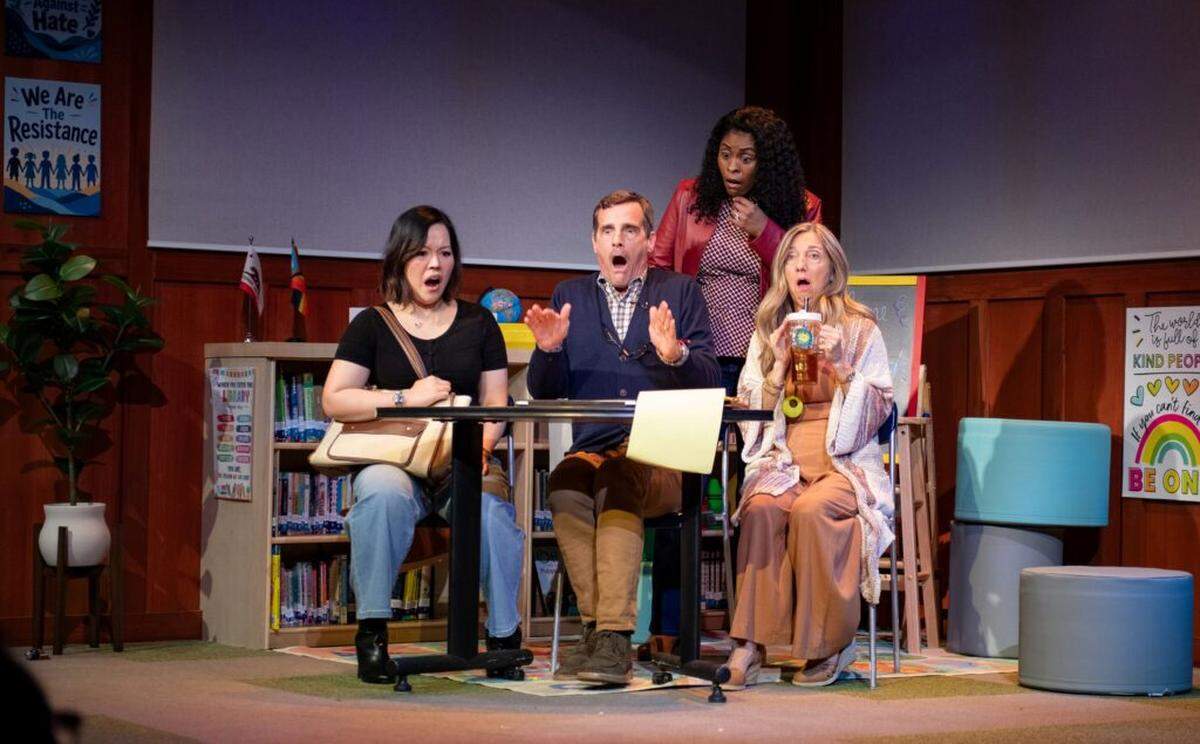 From left, Jordyn Moone, Mark H. Dold and Jeni Hacker. Standing is Rita Cole in GableStage’s production of “Eureka Day.”