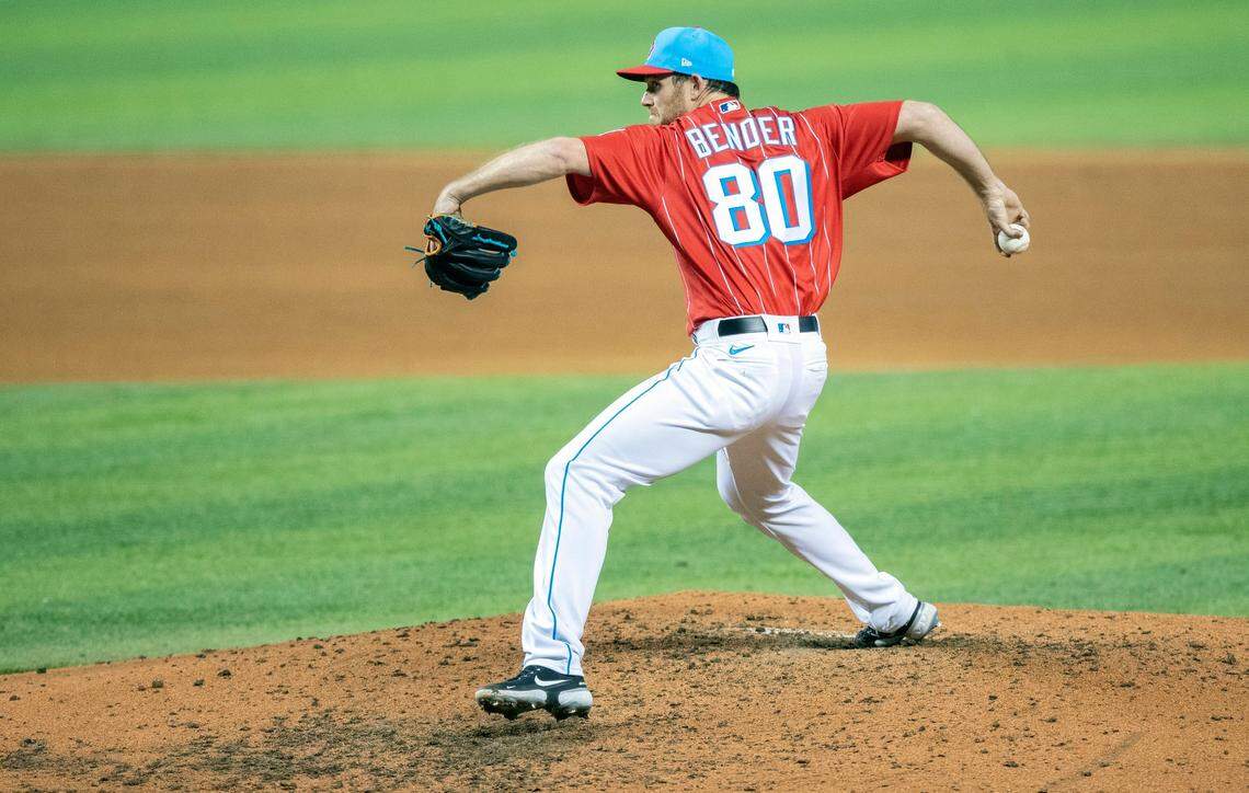 Miami Marlins relief pitcher Anthony Bender (80) pitches during baseball game against the New York Mets at loanDepot park in Miami on Friday, May 21, 2021.