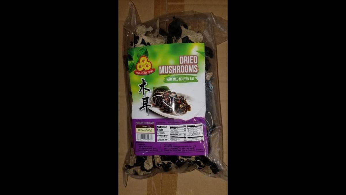 Three Golden Coins Dried Mushrooms Nam Meo Nguyen Tai, in 2.5-ounce and 10.5-ounce packs, has been recalled.