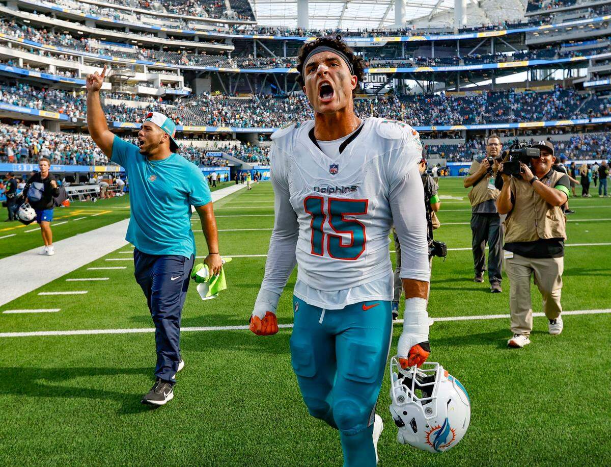 Miami Dolphins linebacker Jaelan Phillips (15) reacts after the Dolphins defeat the Los Angeles Chargers at SoFi Stadium in Inglewood, California on Sunday, September 10, 2023.