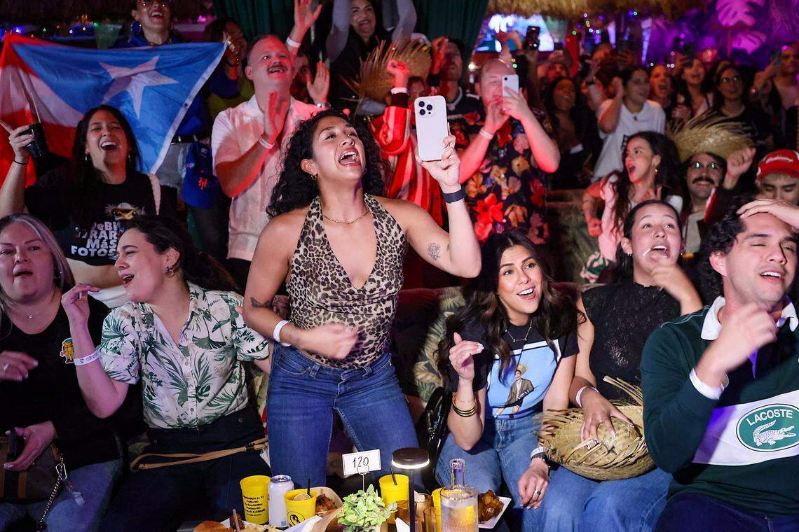 The crowd dance and sings to Bad Bunny music between commercial breaks of the Super Bowl.