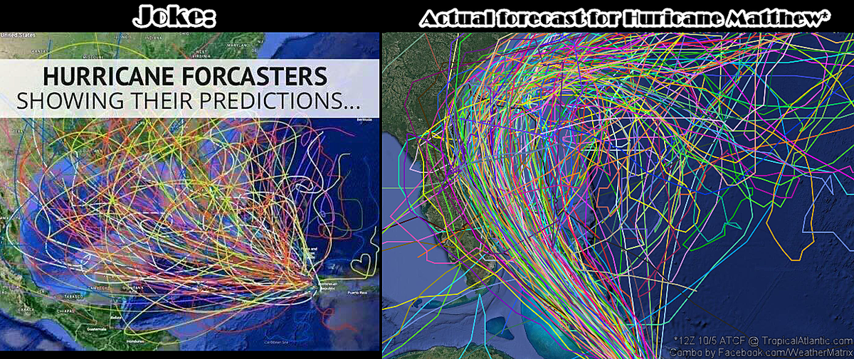 Internet jokesters regularly show exaggerated versions of a “spaghetti model” map of potential hurricane paths, but sometimes reality can look similar.