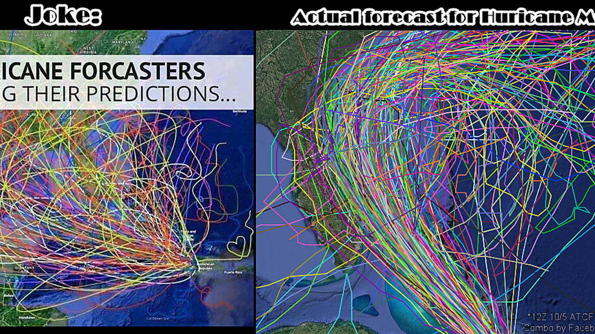 Internet jokesters regularly show exaggerated versions of a “spaghetti model” map of potential hurricane paths, but sometimes reality can look similar.