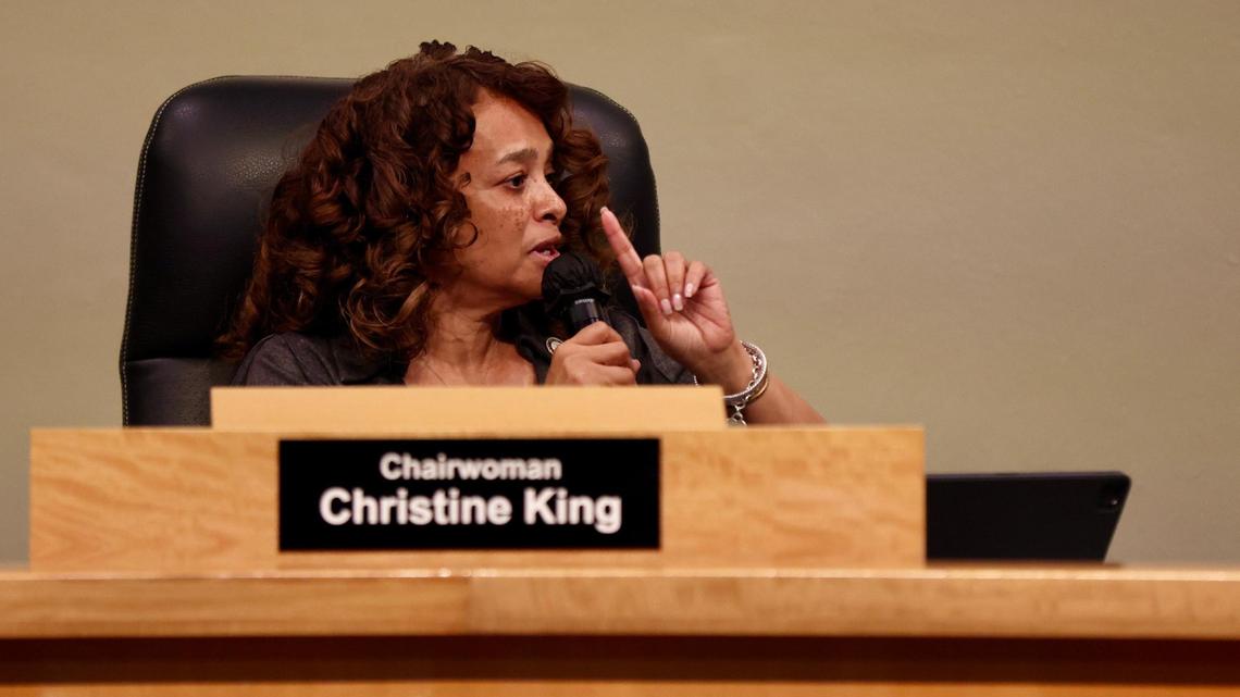 Commission Chairwoman Christine King tries to keep order between opposing views regarding the budget proposal during a special commission meeting regarding the City’s budget at Miami City Hall on Monday, December 11, 2023.