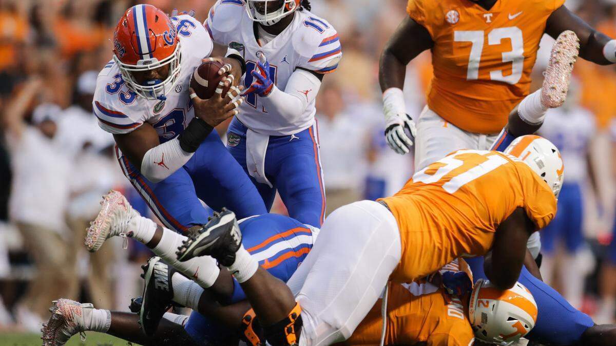 David Reese II #33 of the Florida Gators recovers a fumble during the first quarter of the game between the Florida Gators and Tennessee Volunteers at Neyland Stadium on Sept.r 22, 2018 in Knoxville, Tennessee.