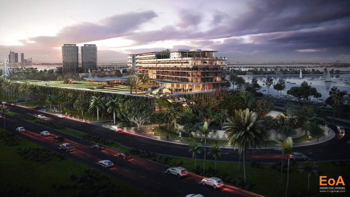 An architectural rendering shows a conceptual design for a planned hotel atop a parking garage at the Jungle Island attraction on Watson Island. The hotel design is not final.