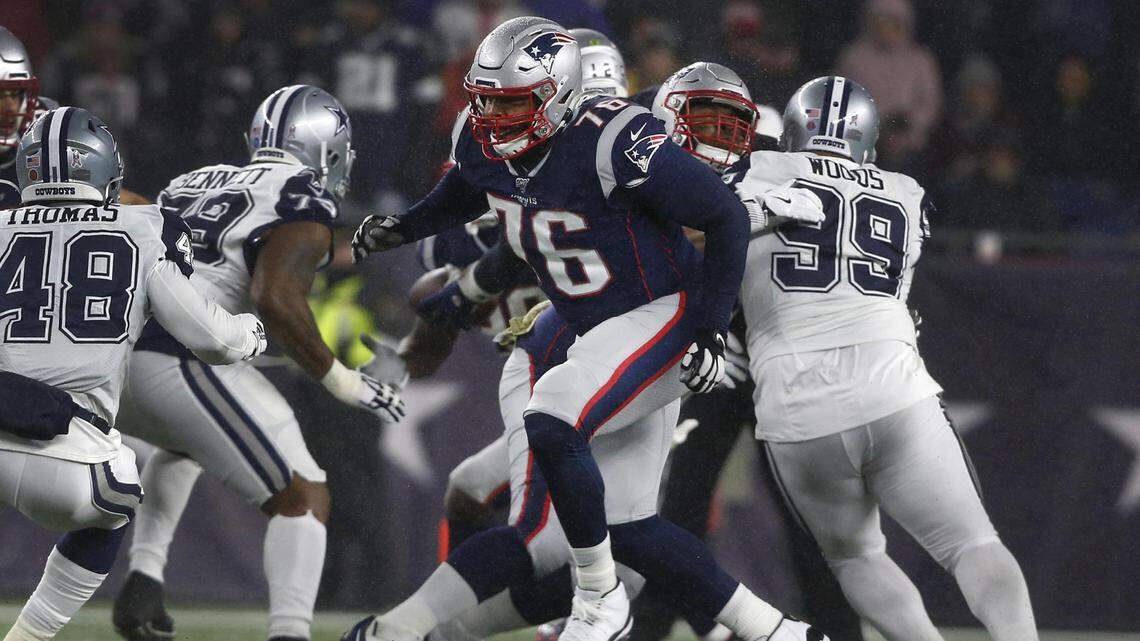 New England Patriots offensive tackle Isaiah Wynn in action against the Dallas Cowboys during a game at Gillette Stadium.