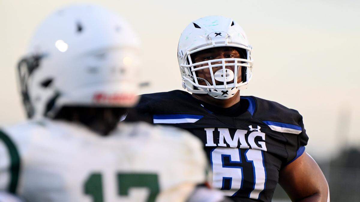 IMG Academy Francis Mauigoa (61) during their game with Miami Central Senior High School in Bradenton, Friday, Feb. 28, 2020.(Photo/Chris Tilley)